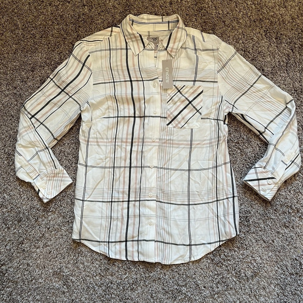 Chicos Plaid Button Down Shirt Long Sleeve Collared Pocket Blouse 0P Petite SM